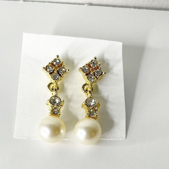 Vintage Avon Earrings Gold Tone Rhinestone Pearl Drop Sparkle Glam 80s 90s - Picture 3 of 16